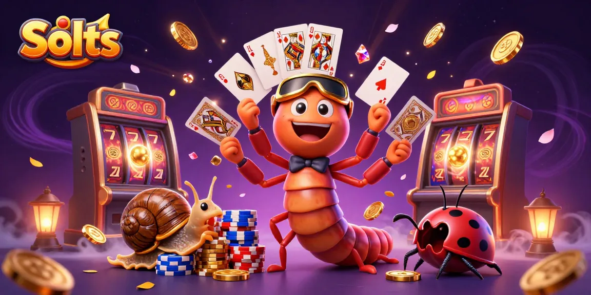 Spin and win in this vibrant Slots scene with a millipede dealer and lucky gaming elements.