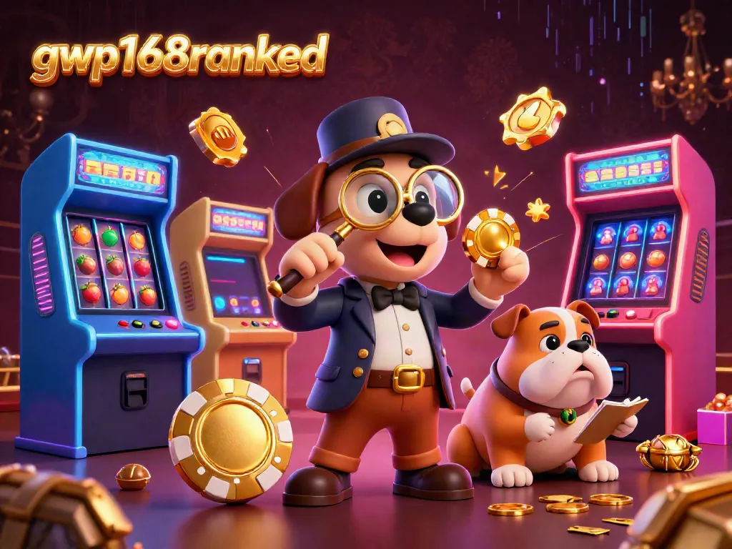 Gambaran 3D mendetail secara kartun tentang gwp168ranked yang menampilkan detektif anjing bloodhound serta bulldog Watson di kasino.