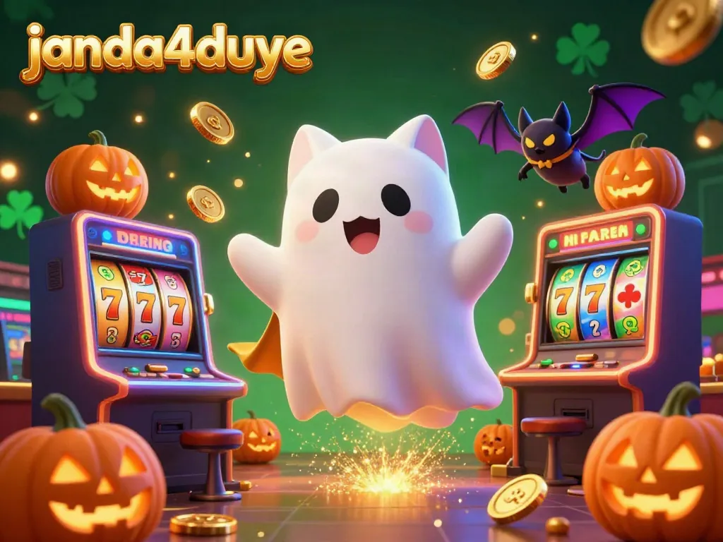 janda4duye menampilkan kucing hantu lucu bermain di kasino cerah dengan mesin slot dan jackpot, ditunjang efek cahaya yang dramatis.