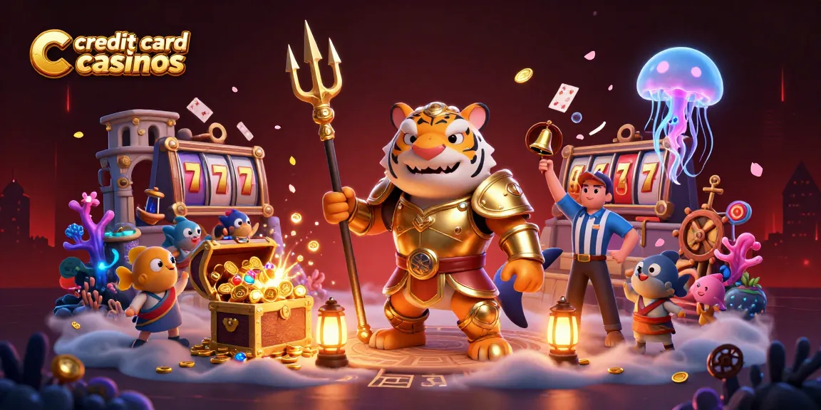 Experience the excitement of credit card casinos with a 3D shark gladiator amidst vibrant underwater treasures.