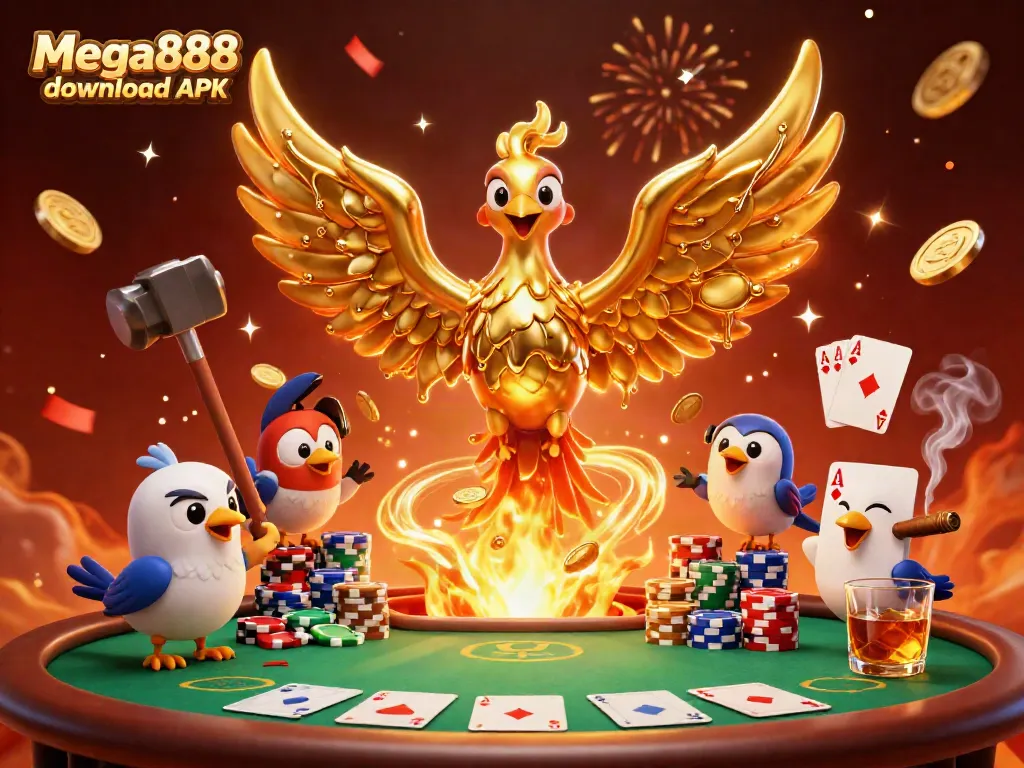 Experience the excitement of Mega888 download APK with a dynamic casino scene featuring a golden phoenix.