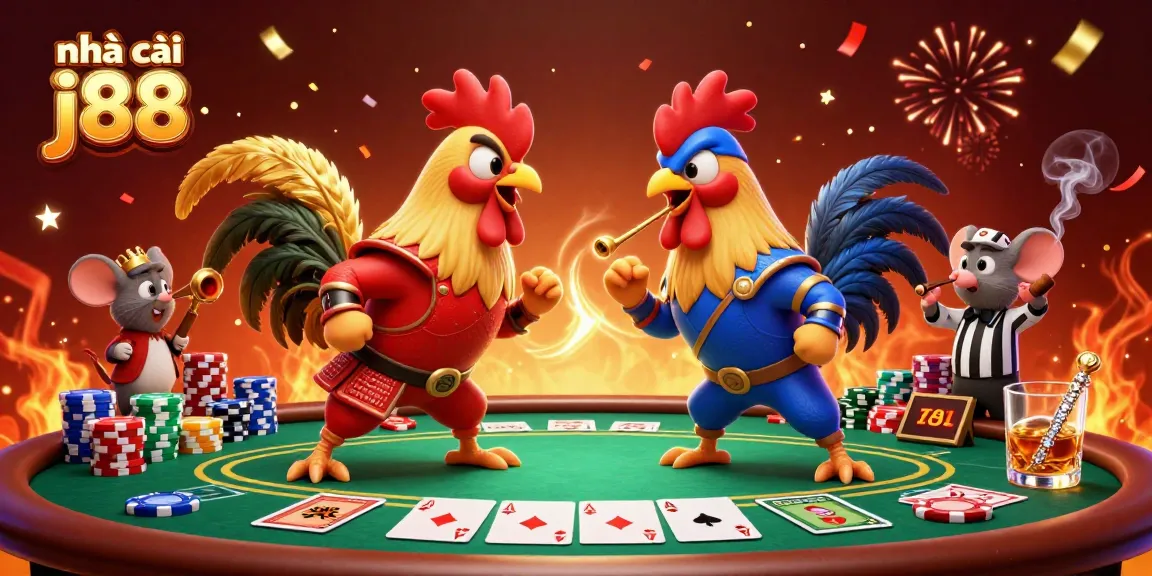 Challenge your luck with nhà cái j88 as fighting roosters vie for victory amidst vibrant poker elements.