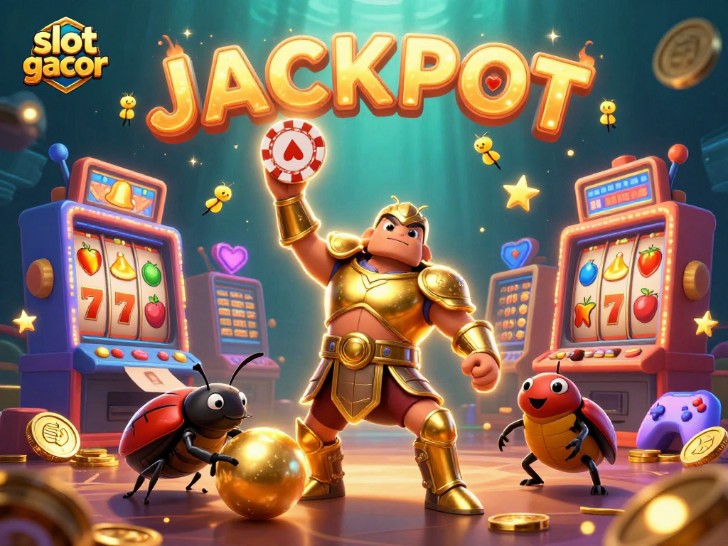 Witness the thrilling action of slot gacor as a heroic beetle celebrates a big win amid glowing slot machines.