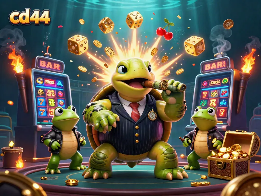 Engage in thrilling gameplay at cd 44 with a jackpot explosion from a slot machine and animated casino characters.