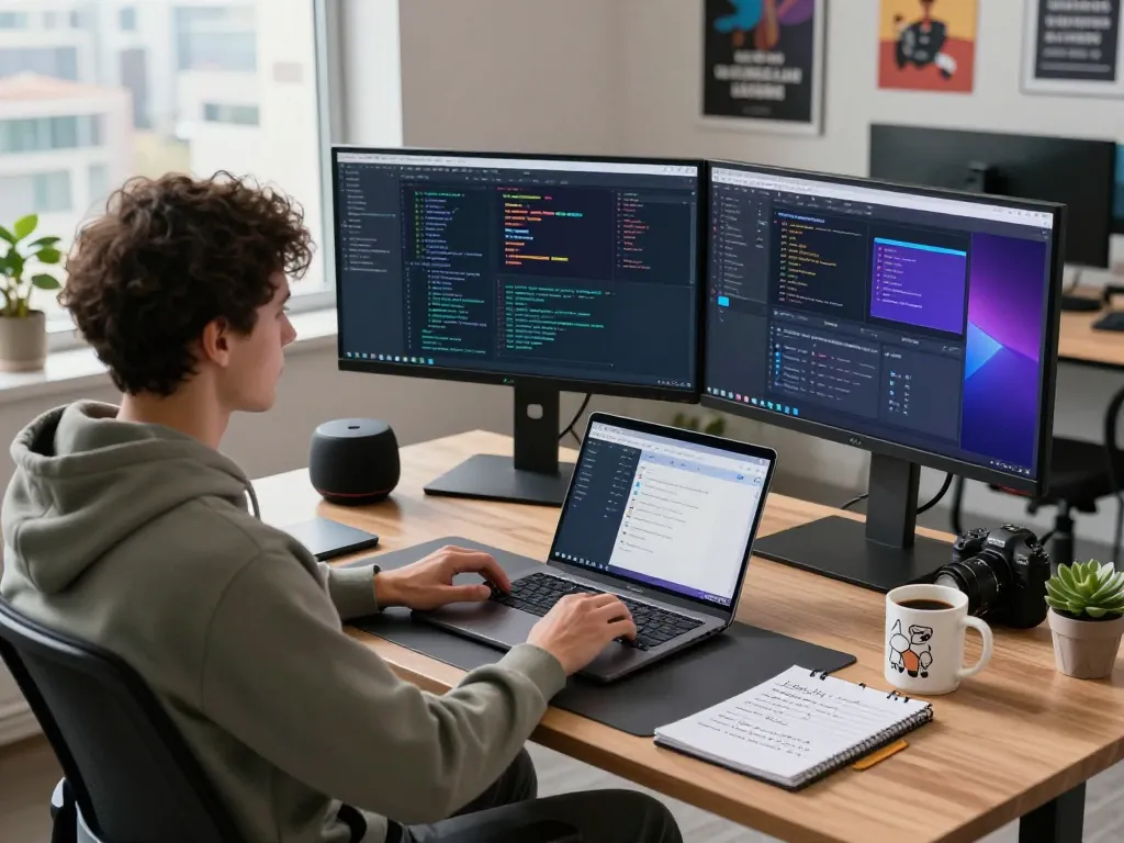 Developer utilizing OpenClaw in a modern workspace with vibrant coding displays and tech gadgets.