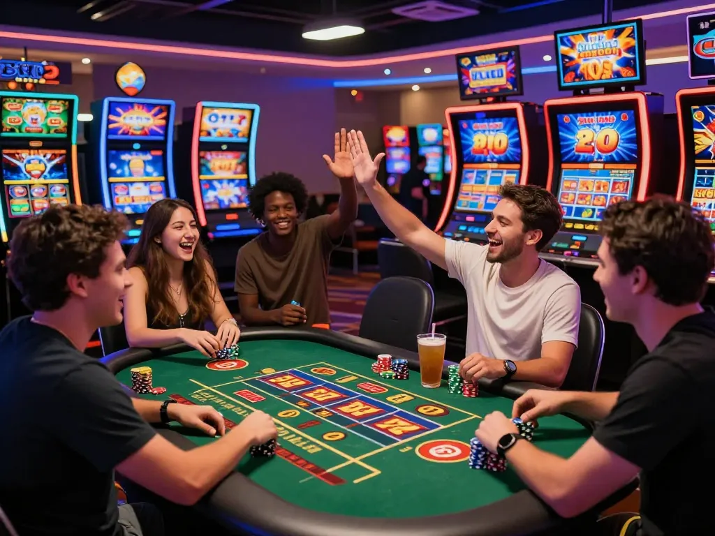 Exciting casino scene with players celebrating wins at situs gacor slot games.