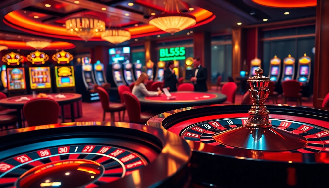 Play exciting games at Bl555 with a luxurious casino table full of vibrant chips and players.