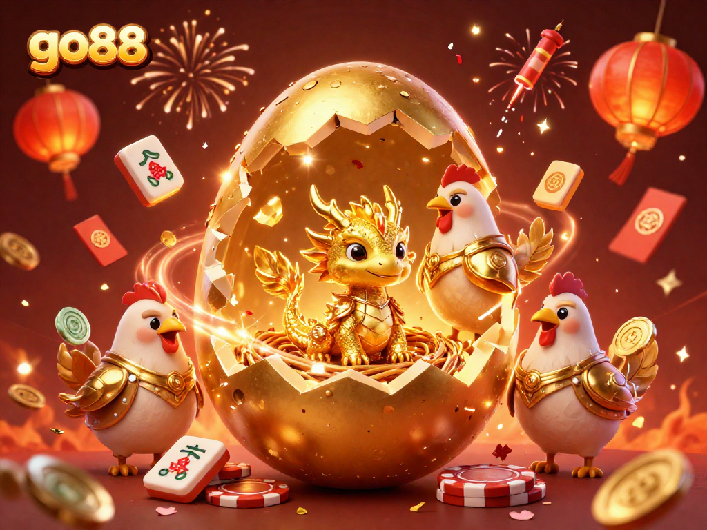 Experience go88 excitement with a golden dragon and festive symbols in this vibrant casino artwork.