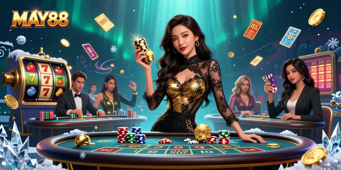 MAY88 showcases a confident Asian woman holding golden casino chips at a high-stakes baccarat table.