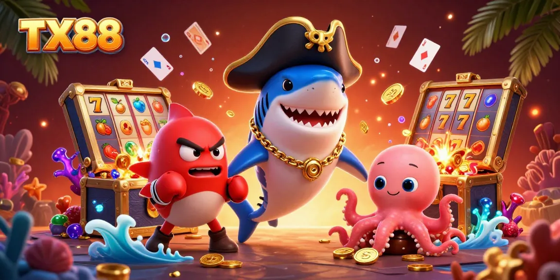 Experience the excitement of gaming at TX88 with lively casino characters in a vibrant oceanic scene.