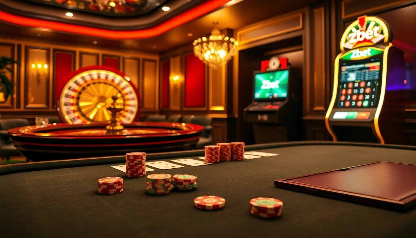 Zbet players enjoying poker at a luxurious casino table with colorful chips and cards.