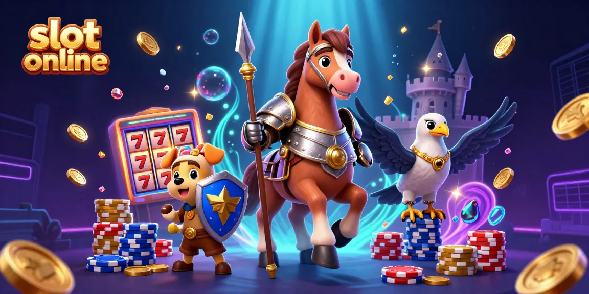 Putar gulungan di slot online dengan kesatria abad pertengahan, anak anjing, dan elang di tengah koin emas dan harta karun.