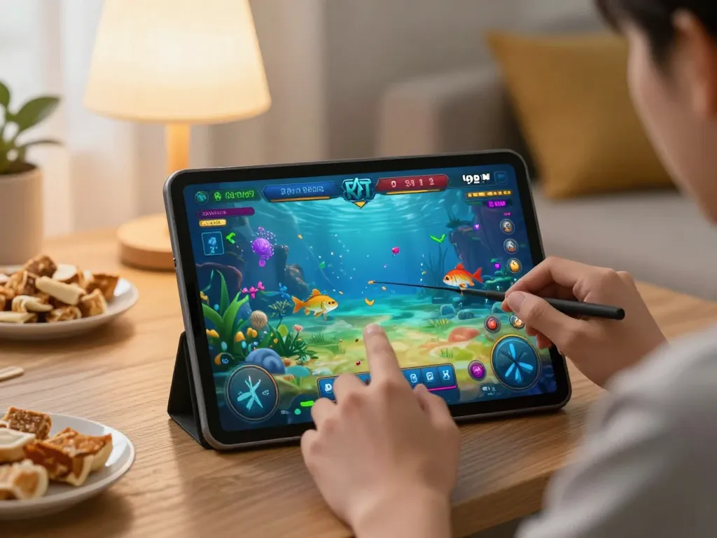 Bắn cá 9bet gameplay on a tablet showcasing strategic fish shooting action in a cozy home setting