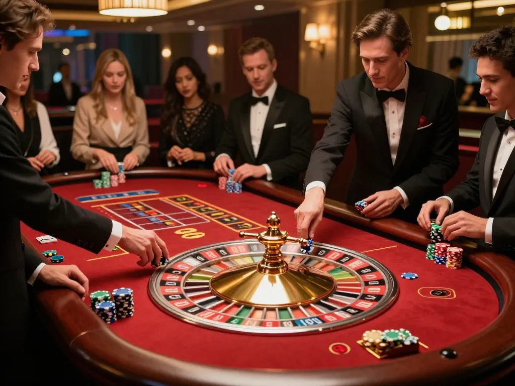 Players enjoy a thrilling roulette game at LuckyIndex's featured casino table experience.