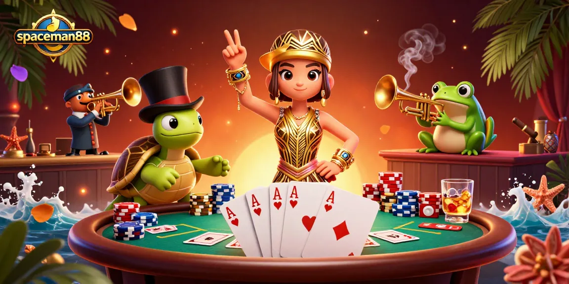 Experience the excitement of spaceman88 with poker tables and colorful chips in a vibrant casino scene.