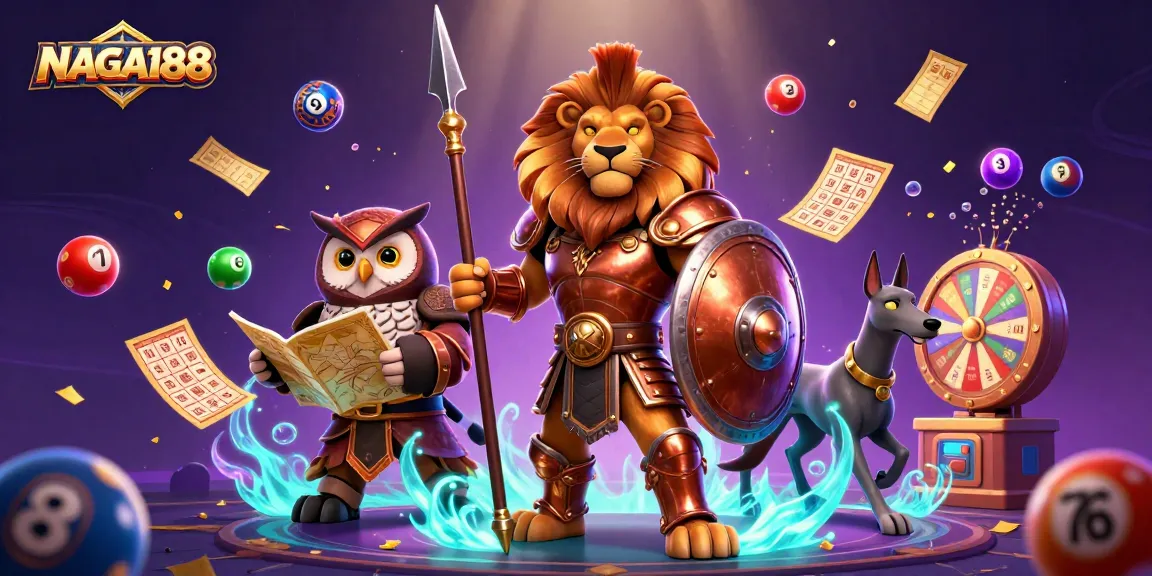NAGA188 menghadirkan ilustrasi kasino dengan singa perisai, burung hantu strategis, dan anjing greyhound dikelilingi bola lotere berwarna.