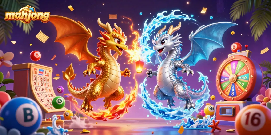 Engage with mahjong action as dragons battle in a vibrant casino backdrop filled with excitement.