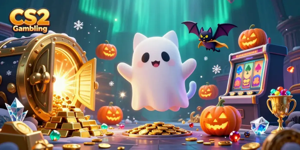 Engage in CS2 Gambling with a lively scene featuring a ghost cat and vibrant casino elements.
