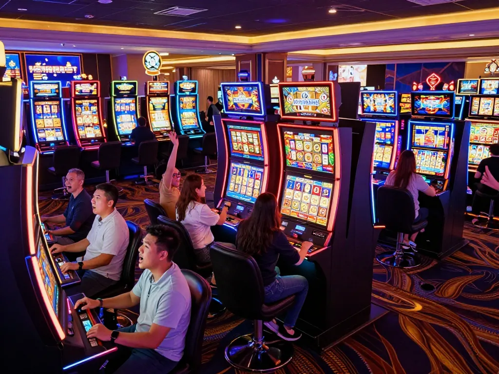 Players celebrating wins on exciting link slot machines in a vibrant casino atmosphere.