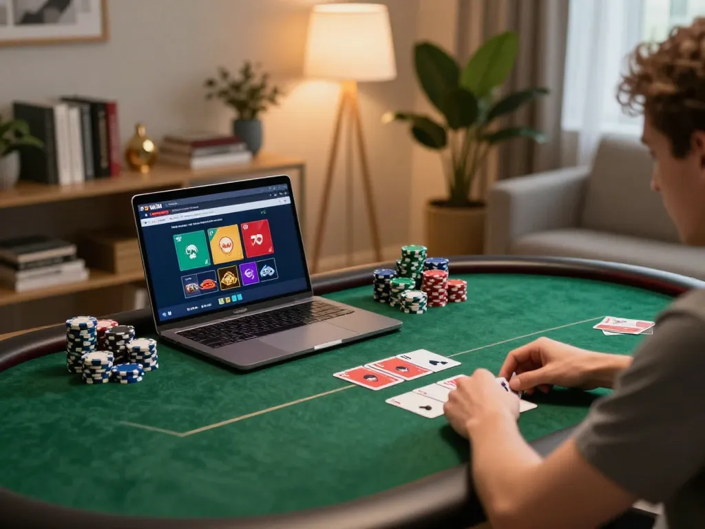 Engaging online poker gameplay at 77WIN's platform in a cozy home setting.