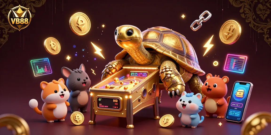 VB88 presents a vibrant 3D cartoon scene showcasing a colossal golden tortoise, attracting excitement in a busy gambling environment.