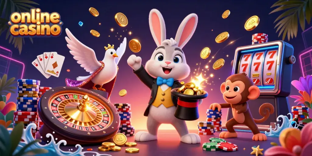 Engage in the thrilling world of online casino with a magician, dove, and monkey amidst golden coins.