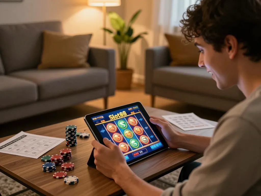 Player enjoying Slot88 online slot game at home with vibrant reels on tablet