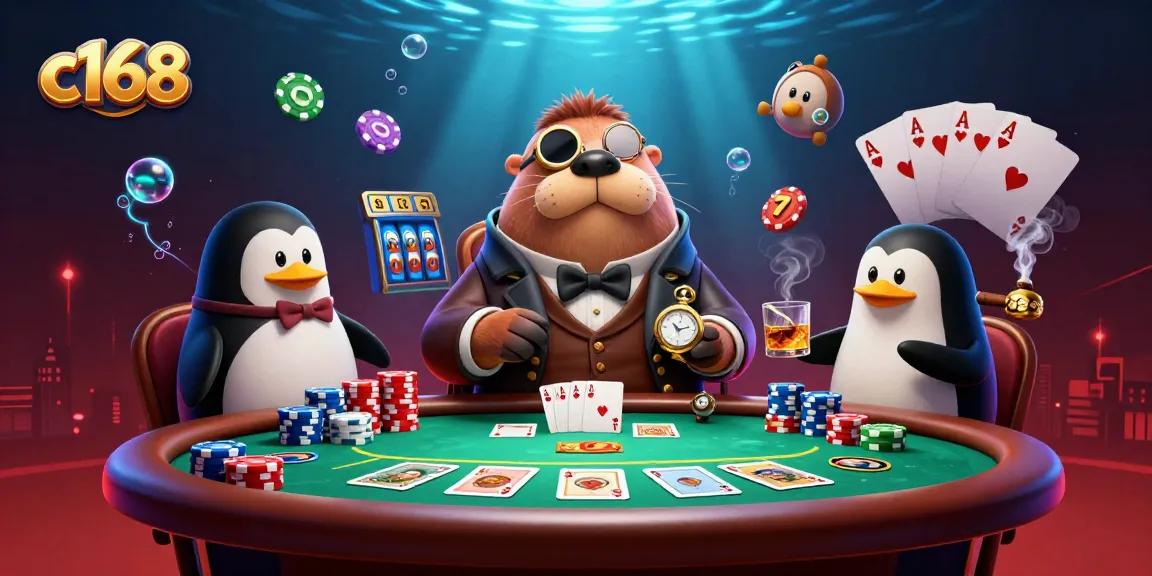 Experience thrilling poker action with c168 featuring a cartoon walrus, penguin dealer, and pufferfish bluffer.