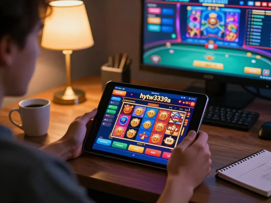 Engaging player enjoying hytw3339a casino gaming on tablet in cozy home setup