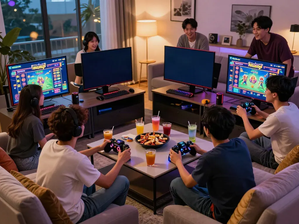 Engaging group gaming session around akunjp slot games in a lively living room.