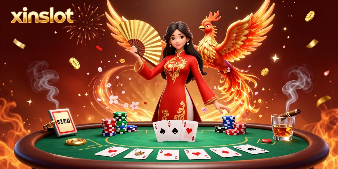 XINSLOT showcases an electrifying online gaming scene featuring a beautiful woman and a fiery phoenix, immersed in a vibrant poker battle.