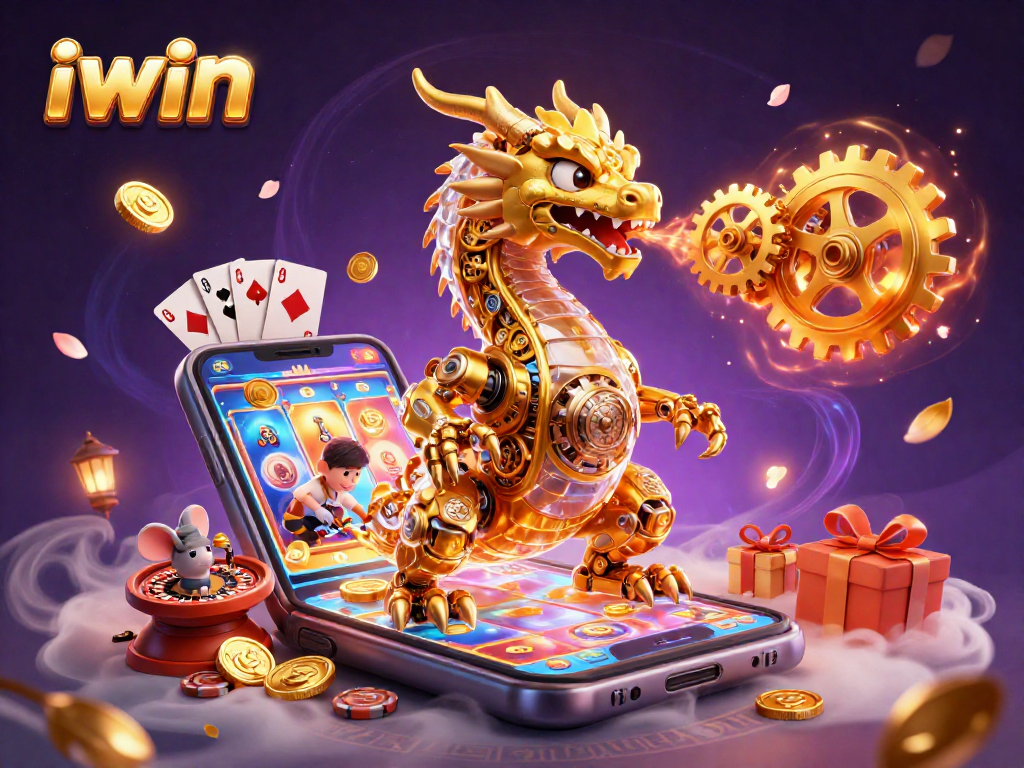 Engage with iwin's vibrant 3D illustration showcasing a golden dragon amidst exhilarating casino elements.