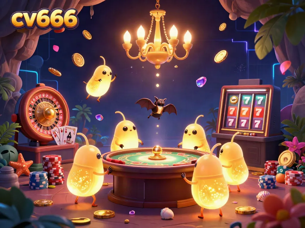 Experience the thrill of cv666 with this dynamic casino scene illuminated by glowworms and a bat dealer.