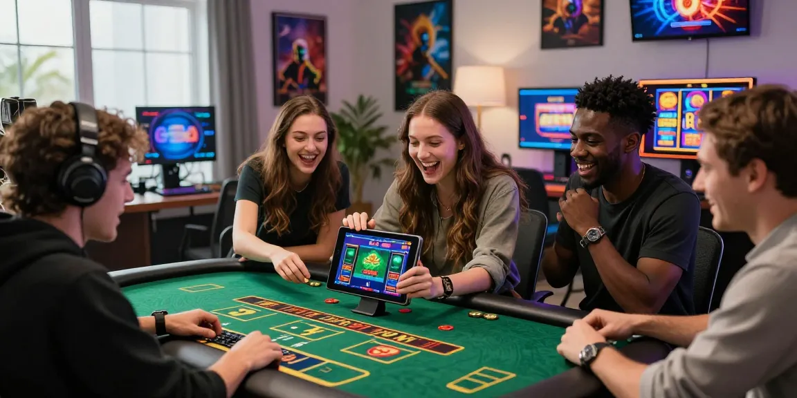 Players engaging with the best new online casinos on various devices in a lively home setup.