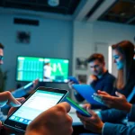 Engaged participants enjoying online Betting with digital devices in a modern setting.