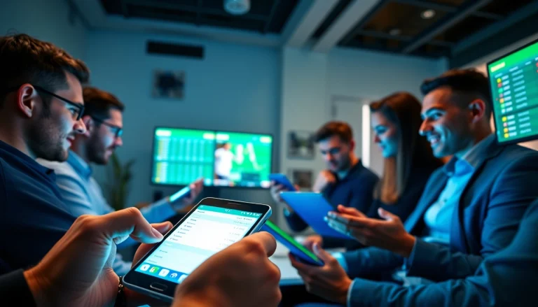 Engaged participants enjoying online Betting with digital devices in a modern setting.