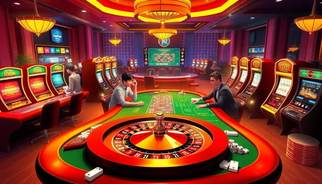 Engage in thrilling gaming experiences at http://789winf.com/, showcasing vibrant casino elements like roulette and poker games.