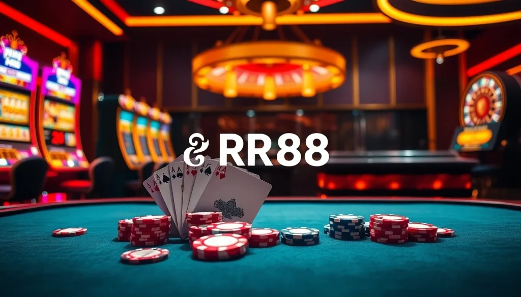 Experience high-stakes excitement at RR88's vibrant gaming table with poker chips and cards.