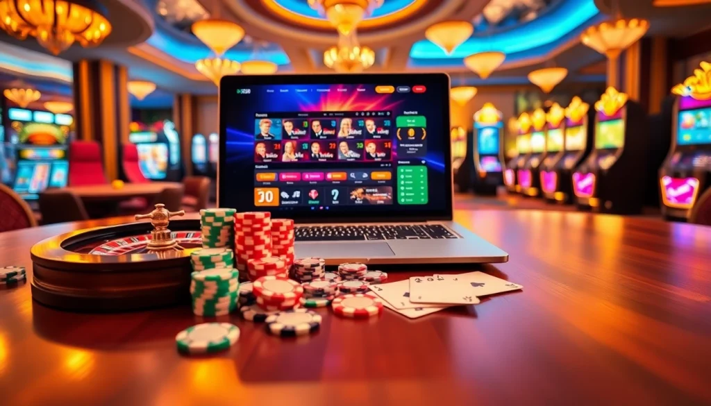 Engaging gamblers at https://xx88.promo/ with vibrant casino elements like poker chips and a roulette wheel.