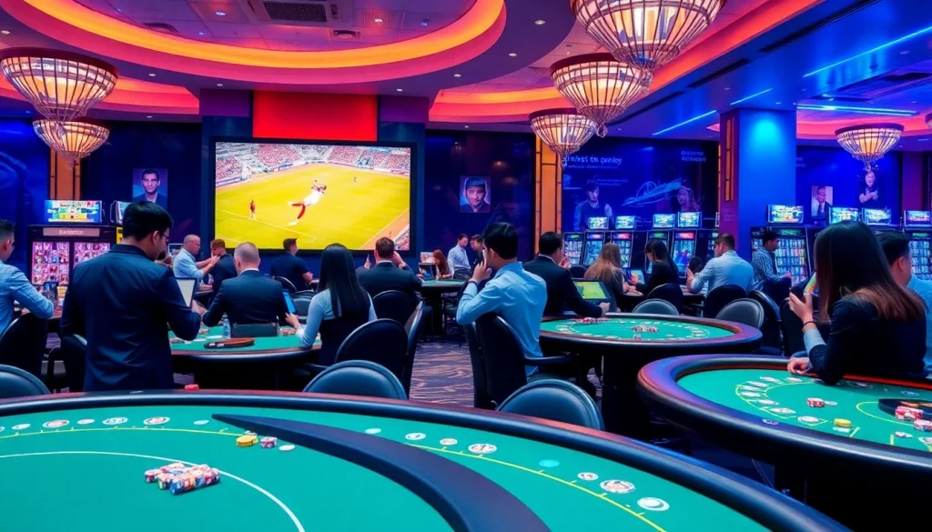 Kèo bóng đá scene in a lively casino with bettors engaging in sports analysis