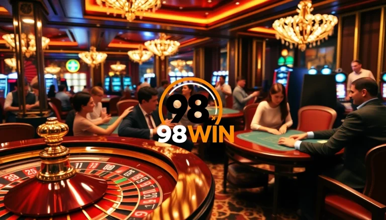 Gambling excitement at 98WIN casino with players cheering around vibrant slot machines.