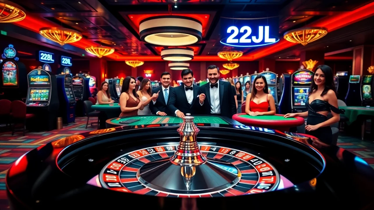 Players enjoying a thrilling casino experience at 22JL, featuring roulette and slot machines.