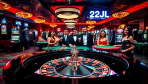 Players enjoying a thrilling casino experience at 22JL, featuring roulette and slot machines.