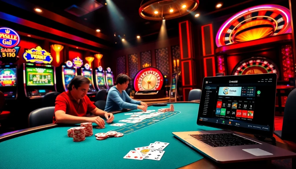 Engaging casino scene showcasing intense gambling action at trang dr88 with poker chips and cards.
