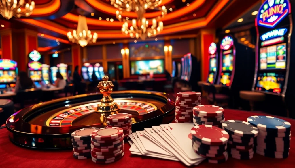 Players enjoying high-stakes betting at a phwin casino, with poker chips and roulette wheel.