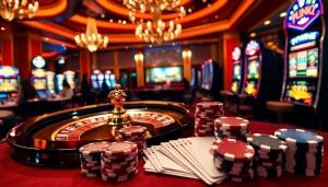 Players enjoying high-stakes betting at a phwin casino, with poker chips and roulette wheel.