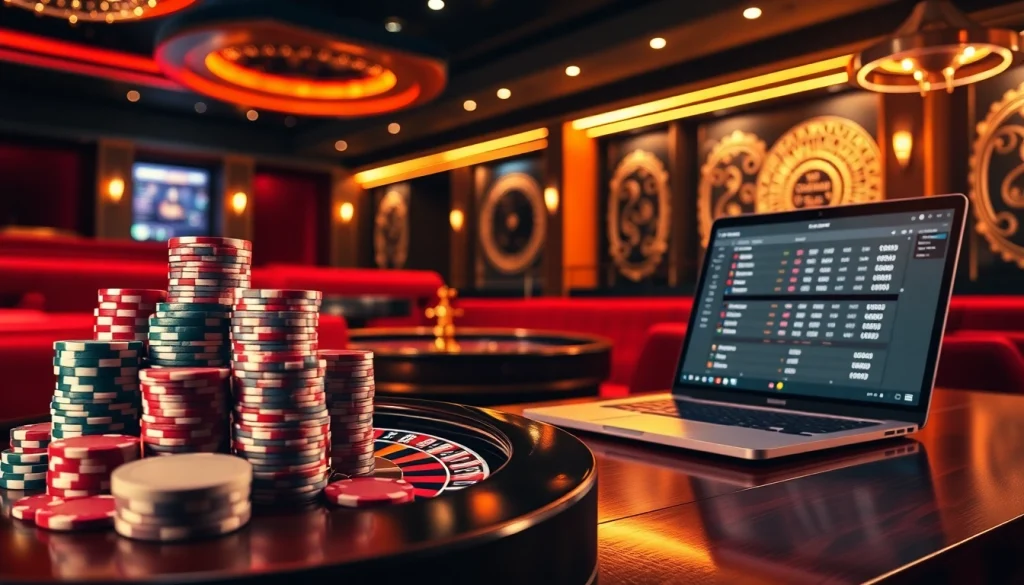 Engage in Betting Online Now with vibrant casino visuals, including poker chips and roulette.