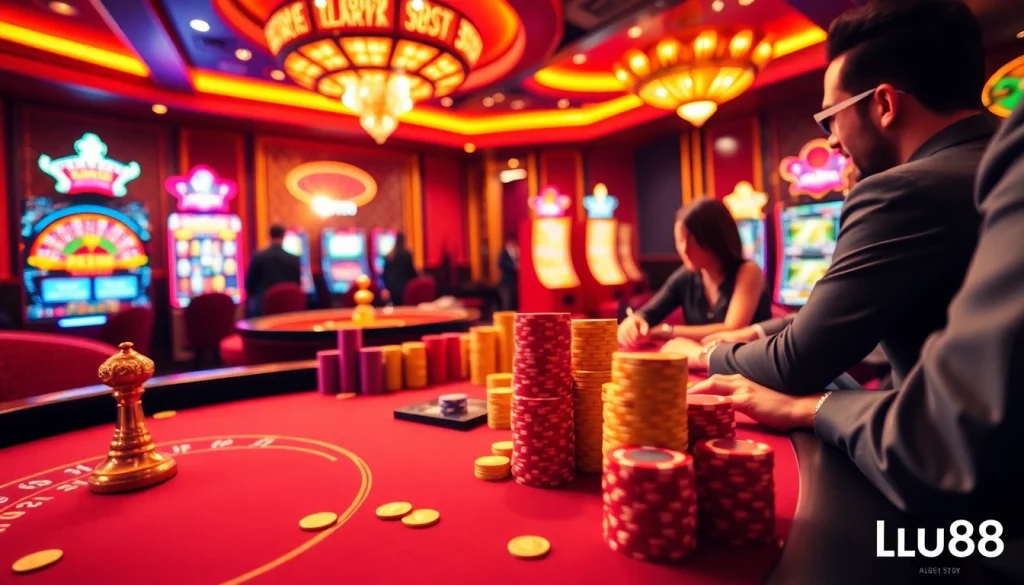 Experience the excitement at a luxe poker table in the world of lu88 casinos, with vibrant chips and roulette action.