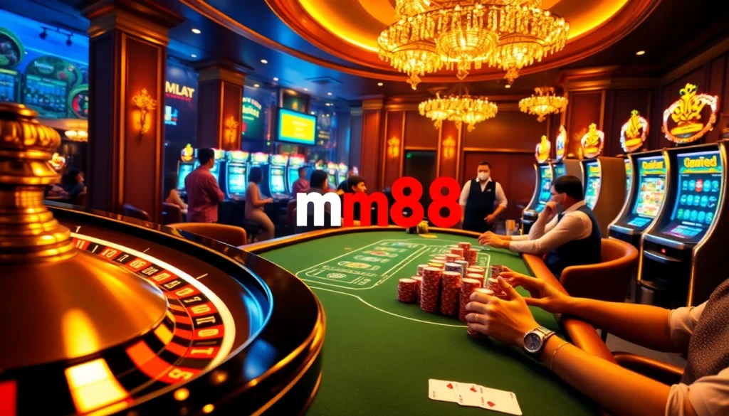 Players enjoying a thrilling night at a luxurious casino featuring mm88 poker tables and slot machines.
