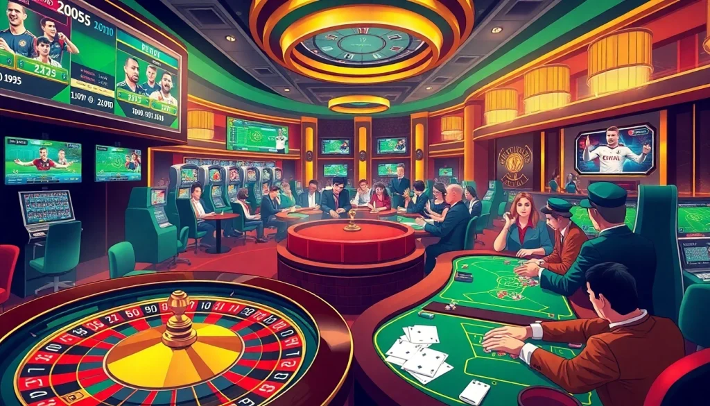 Gamblers placing bets on tỷ lệ bóng đá ý at a luxurious casino, with vibrant gaming tables and screens.
